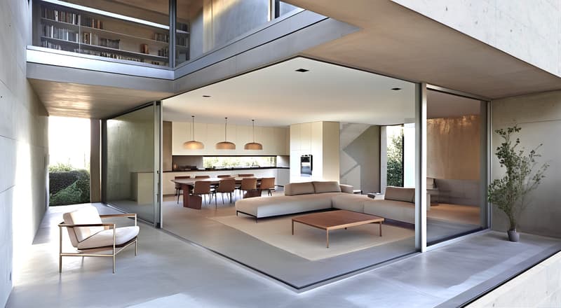 large windows, gray floors, white furniture, modern style, open to dining area, large couch, center table, floor lamp