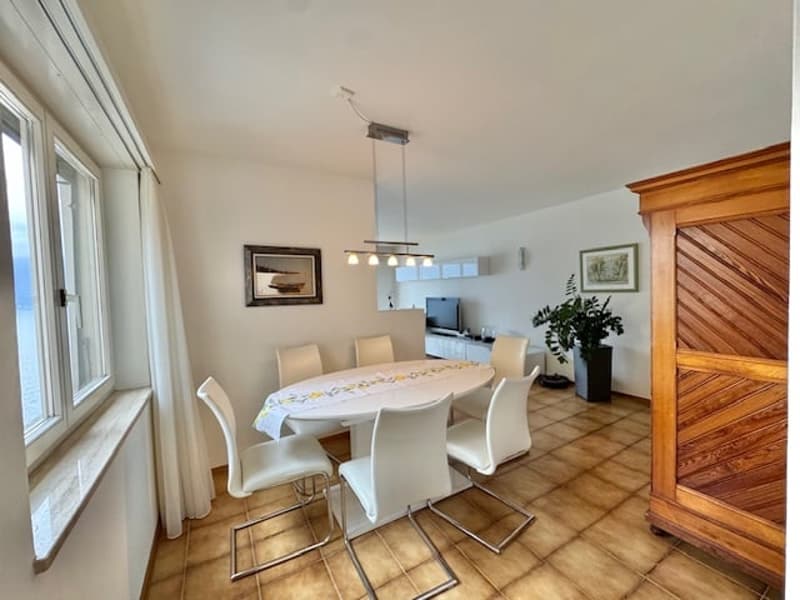 White dining room with a large oval table, TV, wooden cabinet, plants, chandelier, white chairs, window with view of the ocean