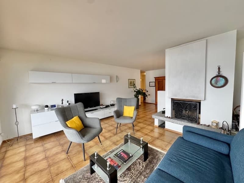 Spacious living room with hardwood floors, white walls, large windows, gray and yellow armchairs, blue sofa, coffee table, TV stand, and a fireplace.