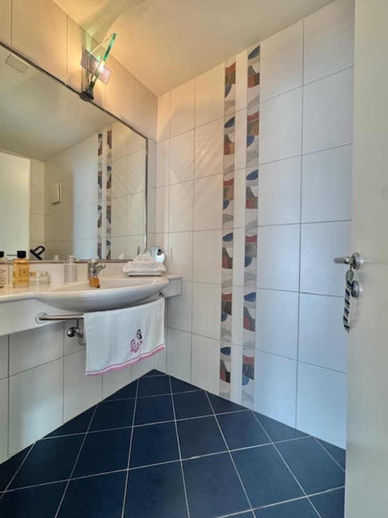 Tiled bathroom with a vanity sink, mirror, and a washing machine visible.