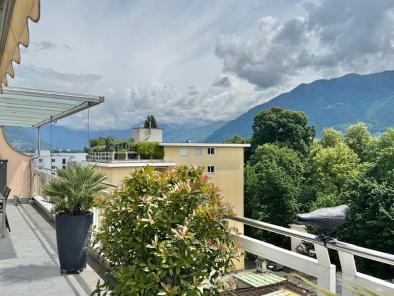 Balcony with potted plants, overlooking a residential area with trees and mountains in the background