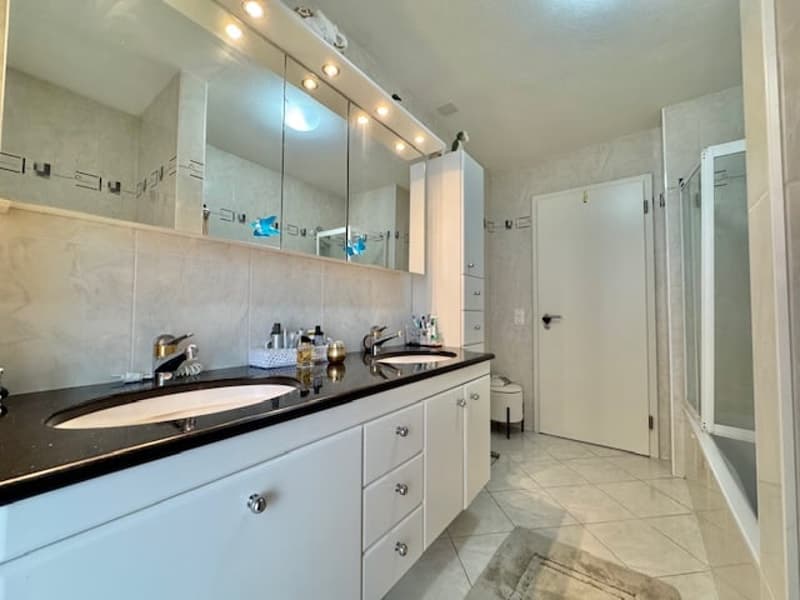 Spacious bathroom with white cabinets, black countertop, large mirror, and a dishwasher visible.