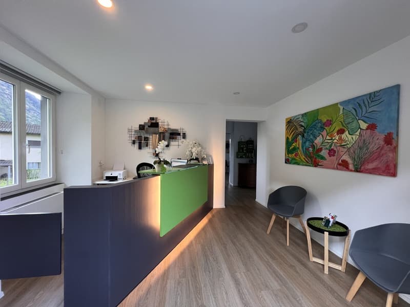The image shows a modern and stylish office or reception area. The space features a large green reception desk, a colorful abstract painting on the wall, and various decorative elements such as a wall-mounted shelving unit and potted plants. The floor is