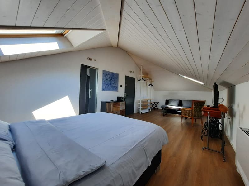 Spacious attic bedroom with slanted ceilings, hardwood floors, large window, sofa, storage cabinets, and artwork on the wall