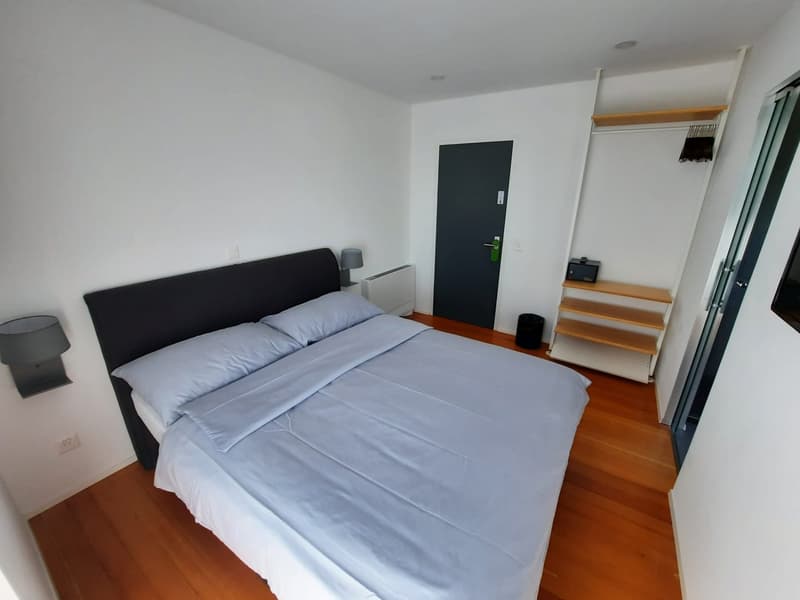 Spacious bedroom with white walls, hardwood flooring, a large black bed with gray bedding, a nightstand, and a closet with shelving.