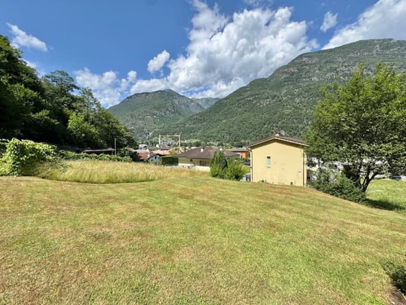 The image shows a scenic rural landscape with a grassy field in the foreground, surrounded by lush green trees and mountains in the background. The sky is blue with fluffy white clouds, creating a picturesque and serene atmosphere.
