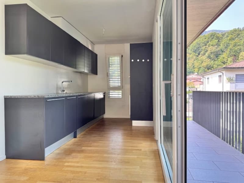 Modern kitchen with black cabinets, stainless steel appliances, and a sliding glass door leading to a balcony or terrace.