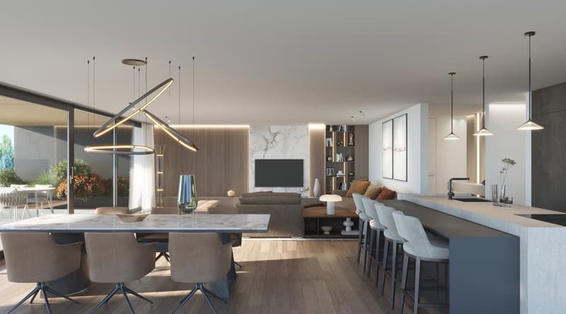 open-plan dining and living area, marble floor, large dining table, living couch, open shelves, television, glass walls leading to terrace