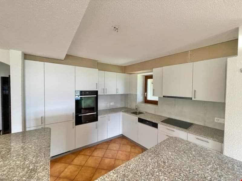 modern kitchen, granite countertops, white cabinets, oven, dishwasher, gas stove