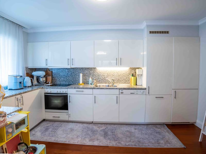 white cabinets, wooden floor, granite countertops, dishwasher, washing machine, built-in oven and stove, modern appliances