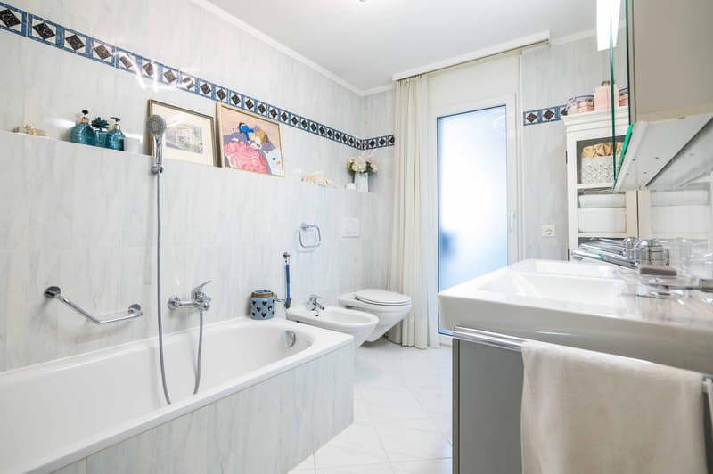 Modern white tiles, bathtub, toilet, bidet, sink, shower, cabinets, towel