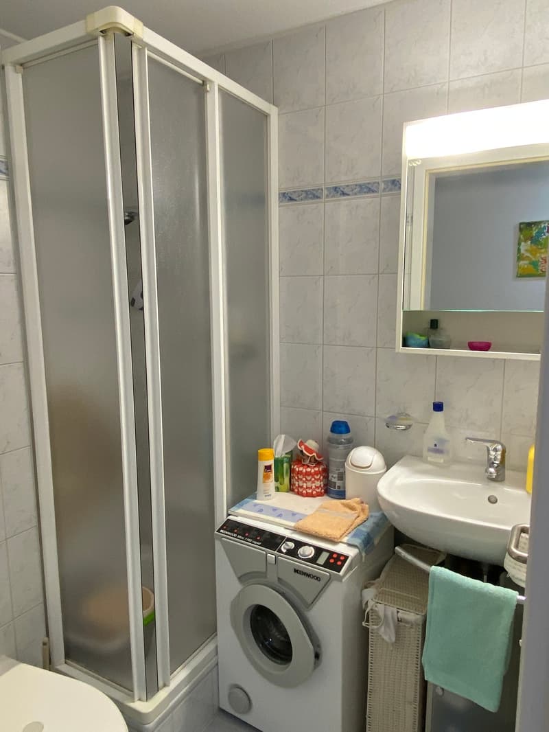 Bathroom with a toilet, a glass shower stall, a white sink, a washing machine, a towel rack, and a mirror above the sink.