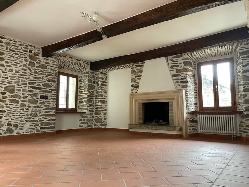 stone walls, red tile floor, fireplace, radiator, large windows