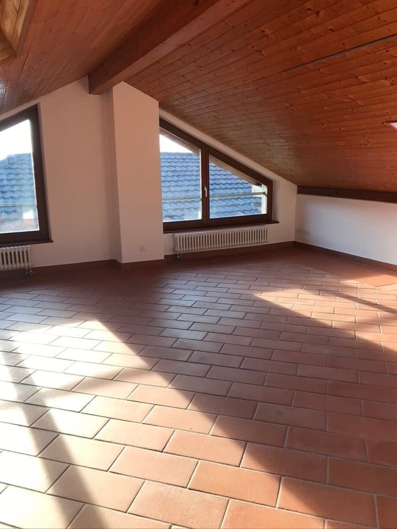 Empty attic room, brick floor, large windows, wooden ceiling, radiators