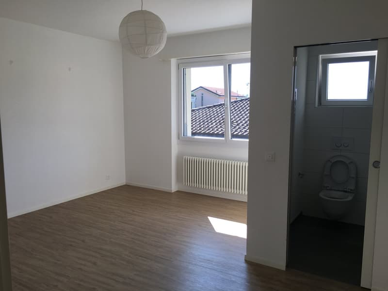 Empty room with wooden floor, radiator, white walls, open window, bathroom with toilet and window.