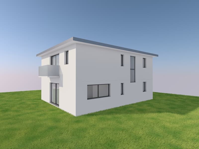1 story house, white walls, glass windows, balcony