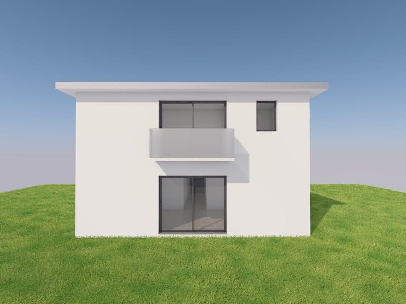 white house, two stories, balcony on the second floor, glass doors and windows, on a hill