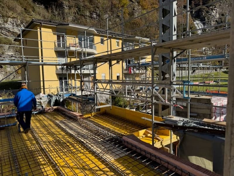 yellow house, balcony, building under construction