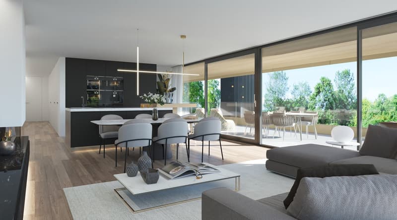 kitchen, dining area, living room, glass windows, balcony, fireplace