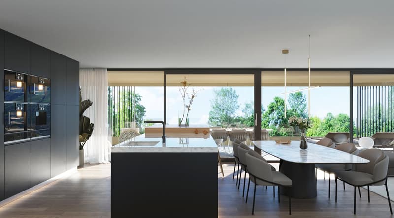 modern kitchen with marble countertop, black cabinets, white island table, glass wall, modern pendant lights