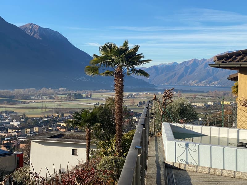 elevated view, balcony, railing, palm trees, mountains, city