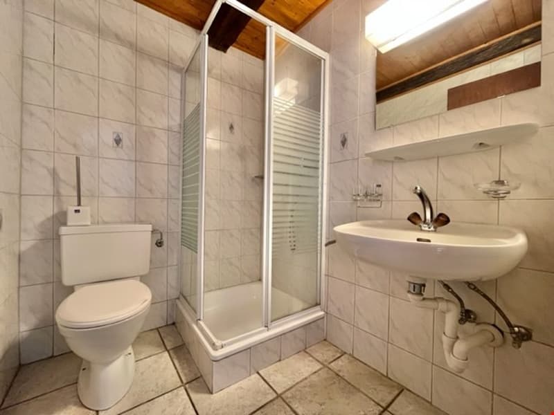 white tiled walls, white toilet, white shower enclosure, white sink, mirror
