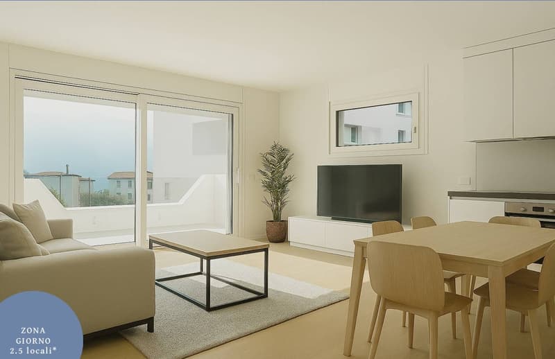 large sliding doors leading to a balcony, flat screen TV, wooden coffee table, carpet, a dining table with chairs, a potted plant, bright white walls
