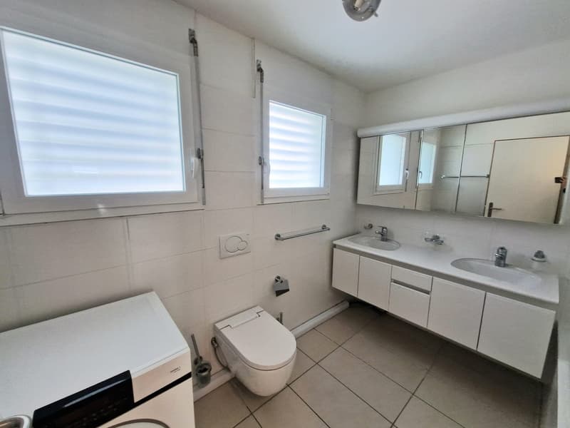 modern bathroom, white tiles, double sink, mirror, toilet, washing machine, windows