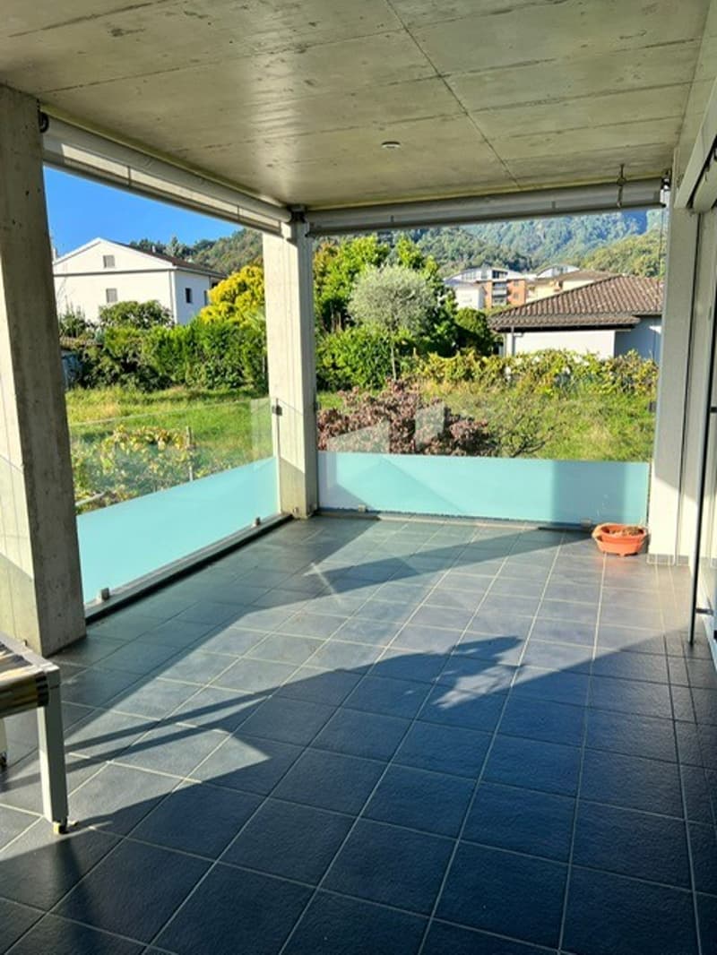 empty balcony with blue tiles, glass railings, small potted plant