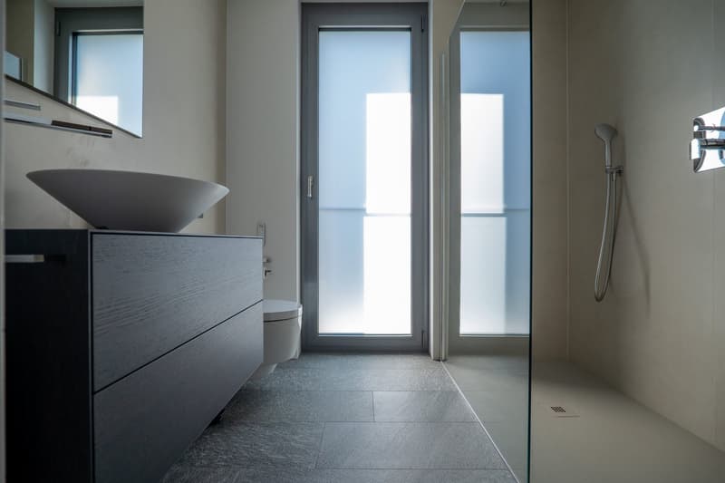 Modern bathroom with a white sink, a toilet, a glass door, and a glass shower enclosure.
