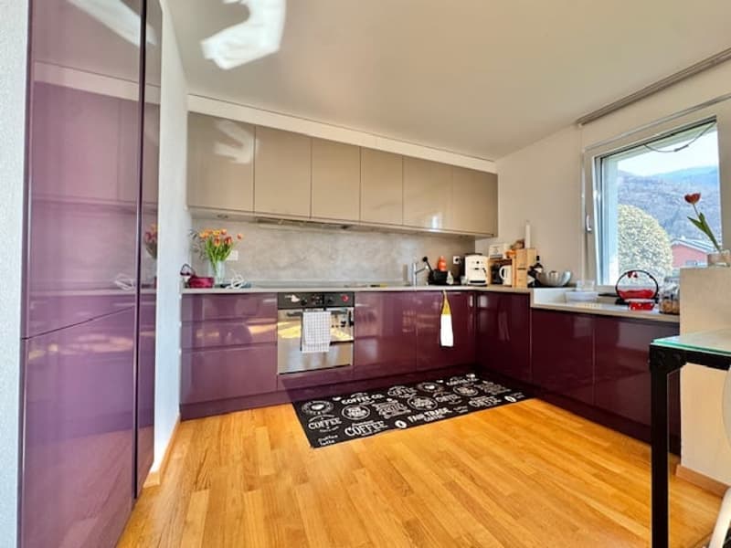 modern kitchen with wooden floor, purple cabinets, stainless steel appliances, large window with view