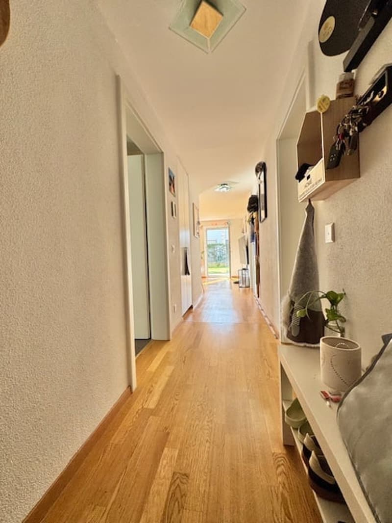 wooden floor, white walls, hallway leading to rooms, potted plant on shelf, shoes on shelf