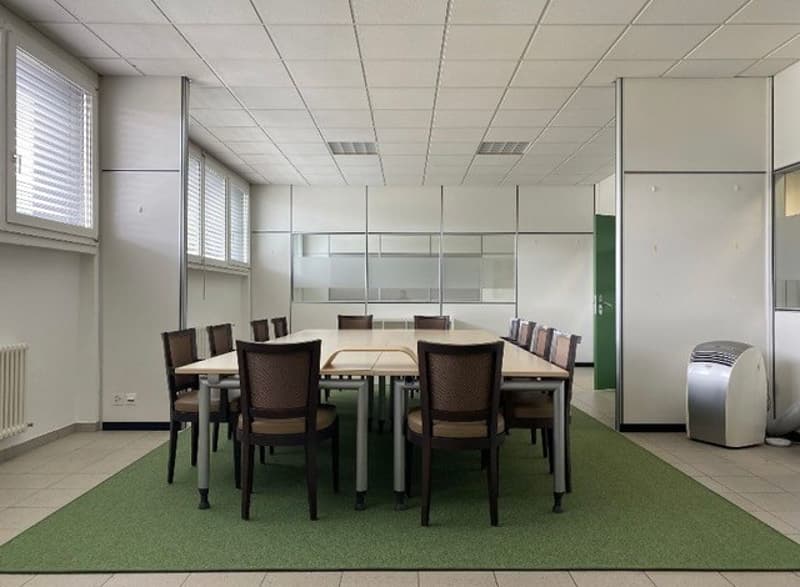 Large conference room with a long wooden table and brown leather chairs, green carpeted floor, white walls, suspended ceiling with lighting, and a portable air conditioning unit.