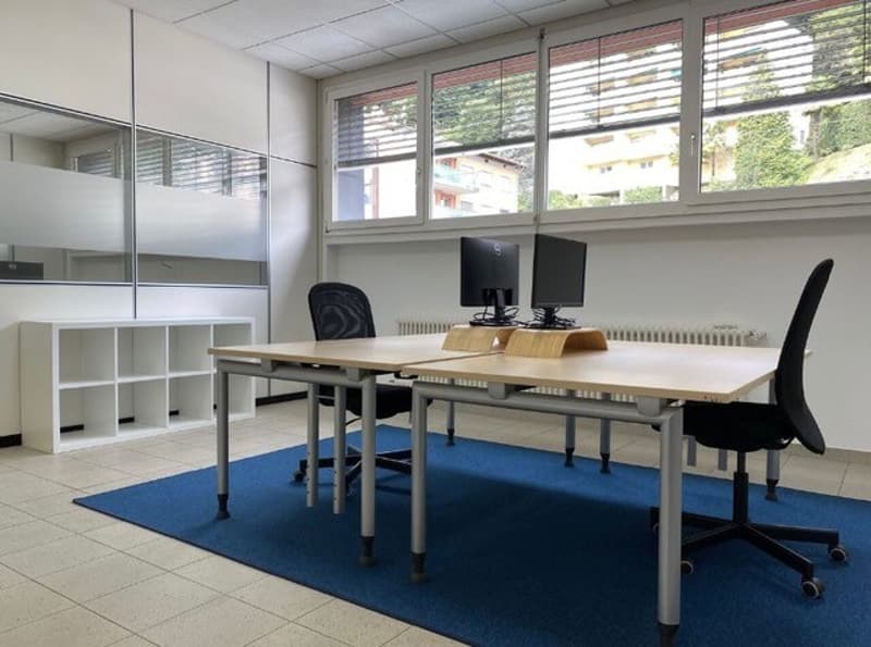 The image shows a modern office space with a large table, several chairs, and computer monitors. The room has large windows that provide natural light, and the floor is covered with a blue carpet. There are shelves and storage units along the walls, creat
