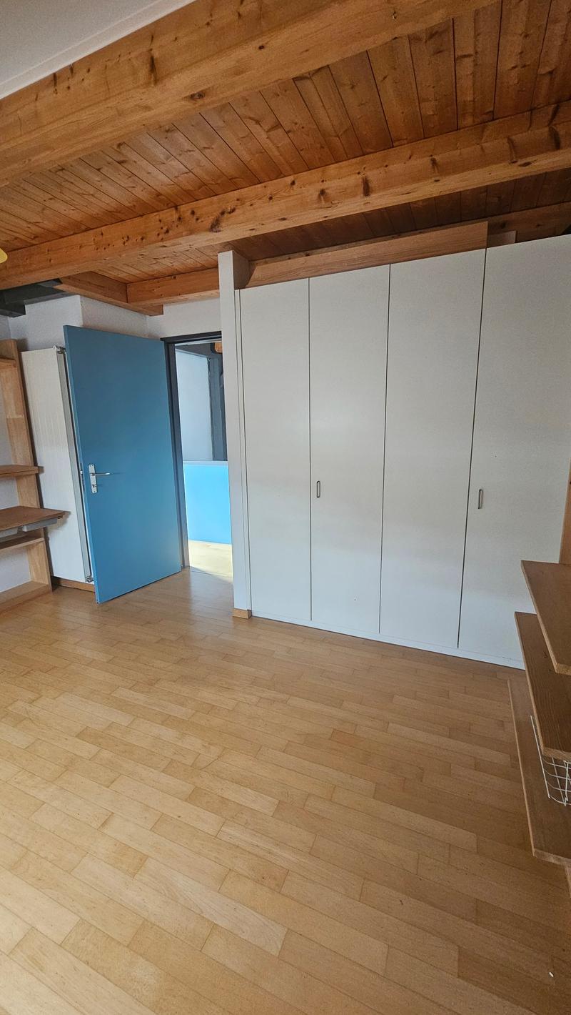 Spacious room with wooden ceiling beams, white built-in closets, and hardwood flooring. There is a blue door leading to what appears to be a balcony or terrace area.