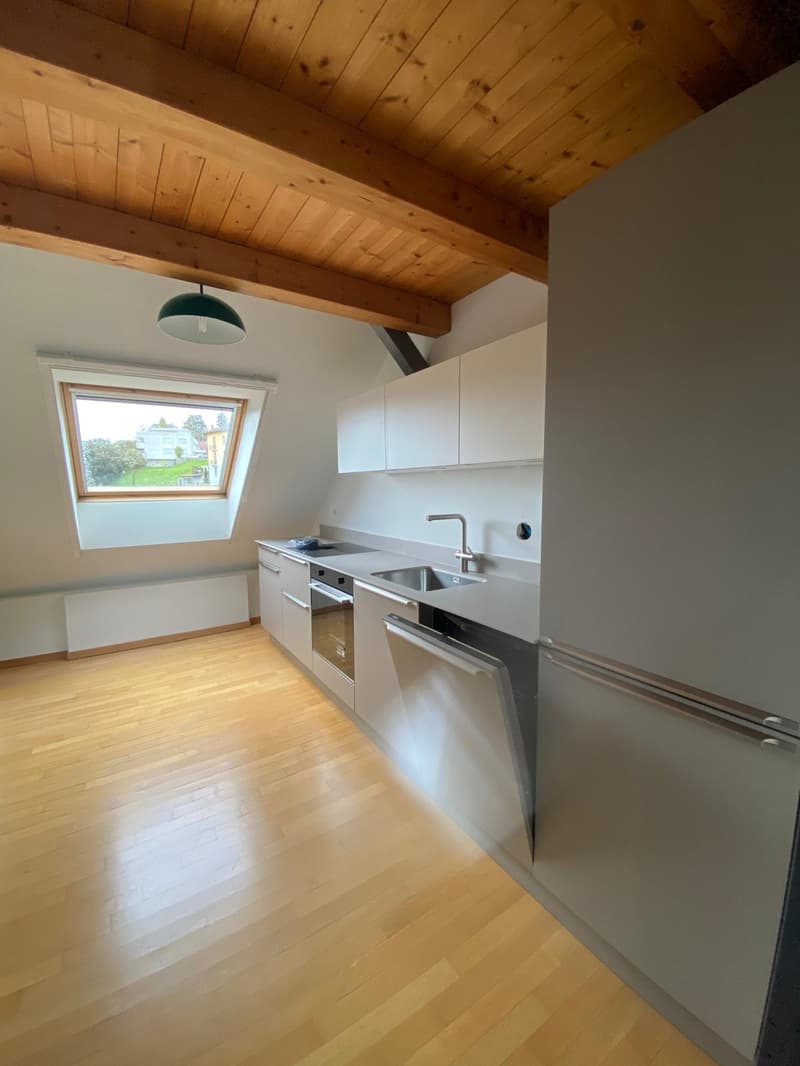 Bright and modern kitchen with white cabinets, stainless steel appliances including a dishwasher, and a large window overlooking the outdoors. The kitchen has a wooden ceiling with exposed beams, creating a cozy and rustic atmosphere.