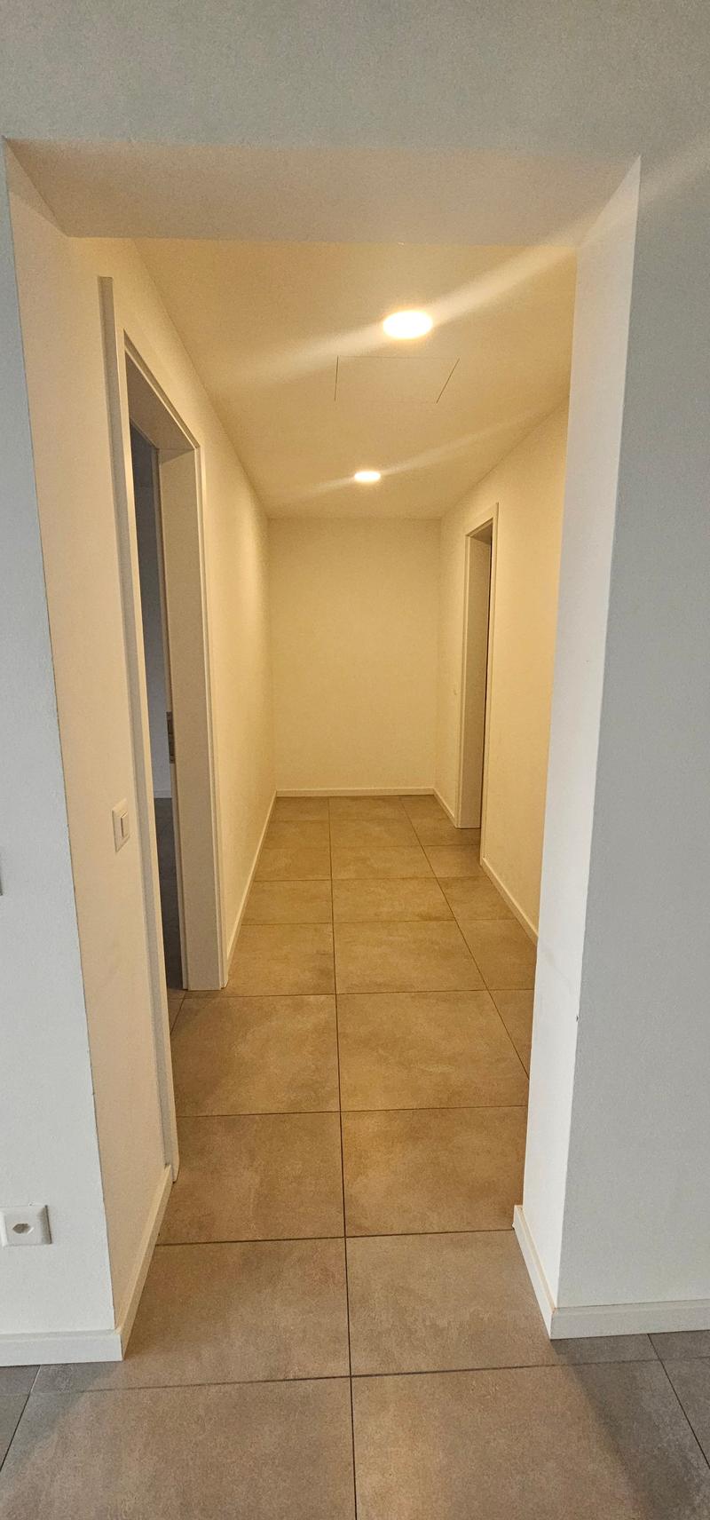 empty corridor with white walls and ceiling, brown tiles, two doors on the left side