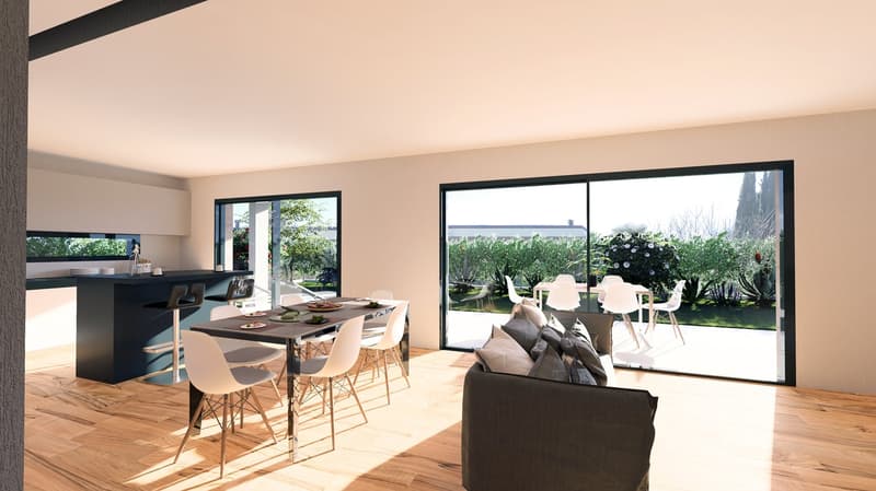 modern dining area with a large table, chairs, sliding glass door to the terrace, black bar counter, couch with pillows, kitchen island