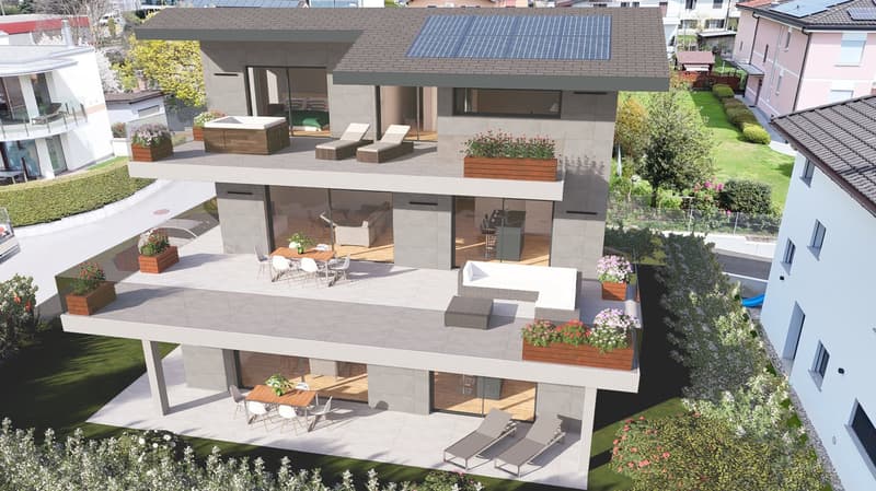 Solar panels, multiple terraces, two living areas, one kitchen, pool, several seating areas, double height ground floor