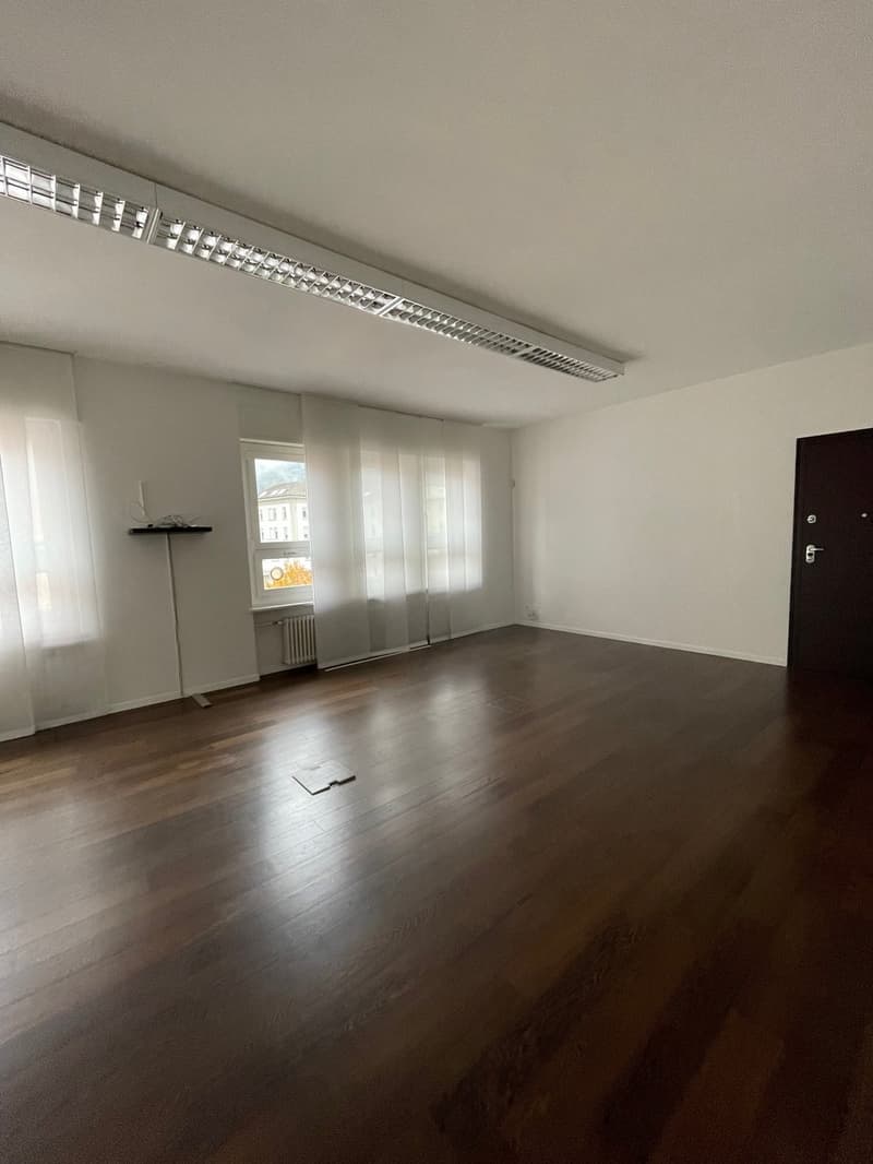 Empty room with hardwood floors, white walls, white curtains, ceiling lights, a radiator and a window with a view of a building outside.