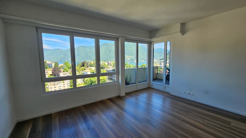 large windows, balcony, wooden floor, white walls