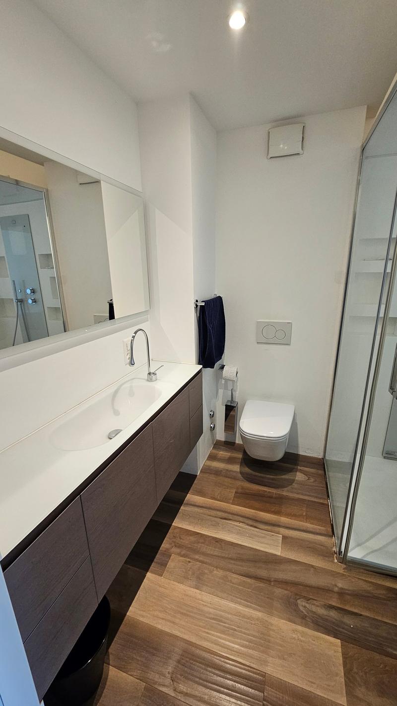 wooden floor, white sink, shower, toilet, mirror