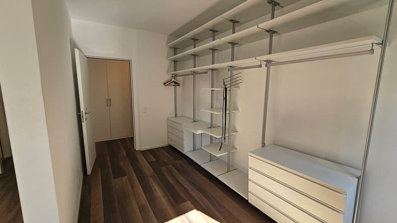 Empty room with wooden floor, white shelves, and two white drawers on the right, and a wooden door on the left.