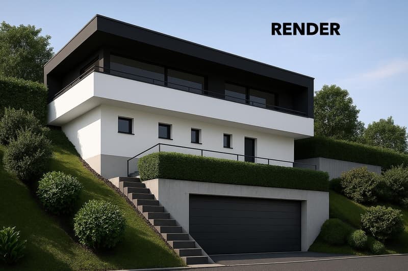modern design, black and white exterior, raised ground floor, multiple windows, balcony, garage