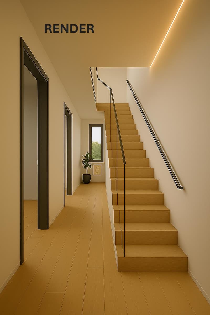 Beige wooden staircase with glass handrail, illuminated by linear lights on the ceiling, beige wooden floors