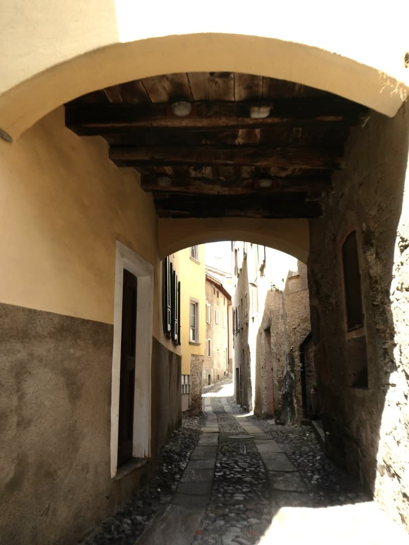 Narrow cobblestone street with an arched wooden ceiling, buildings on both sides, and a glimpse of the sky above.