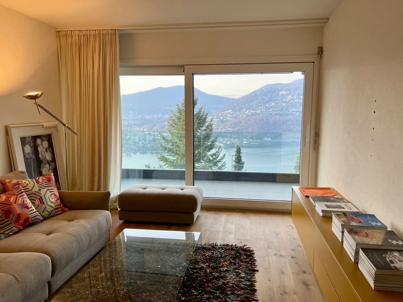 living room with couch, glass table, rug, lamp, large windows, balcony, view of lake and mountains