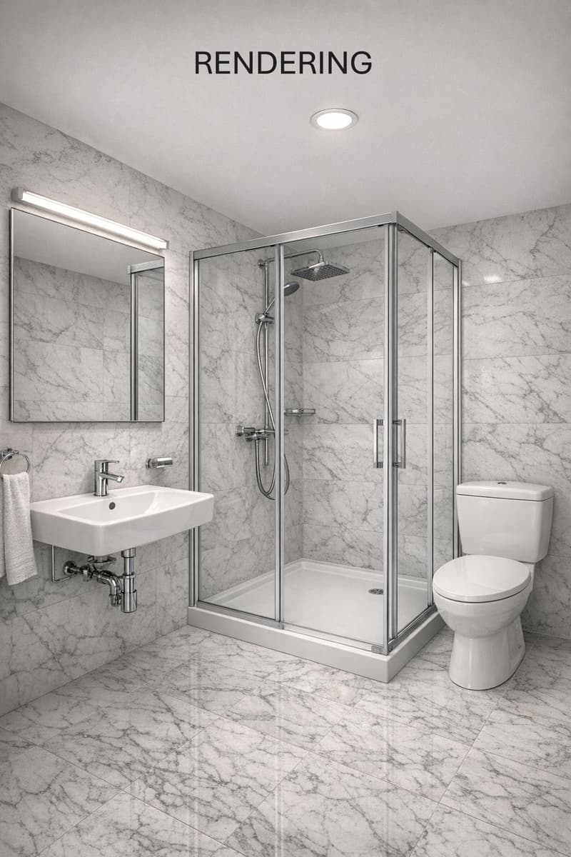 modern bathroom with marble tiles, glass shower enclosure, white sink, white toilet, mirror, towel rack