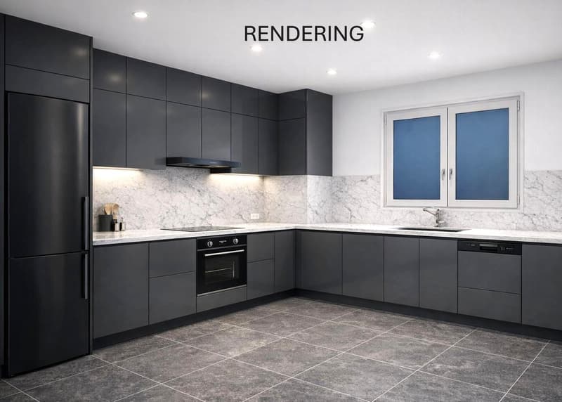 modern kitchen with black cabinets, marble countertops, stainless steel appliances, and a dishwasher