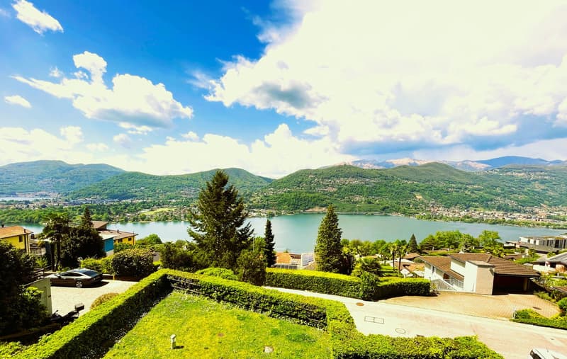 House with a view of a lake and mountains, surrounded by trees and bushes, with a car parked in front
